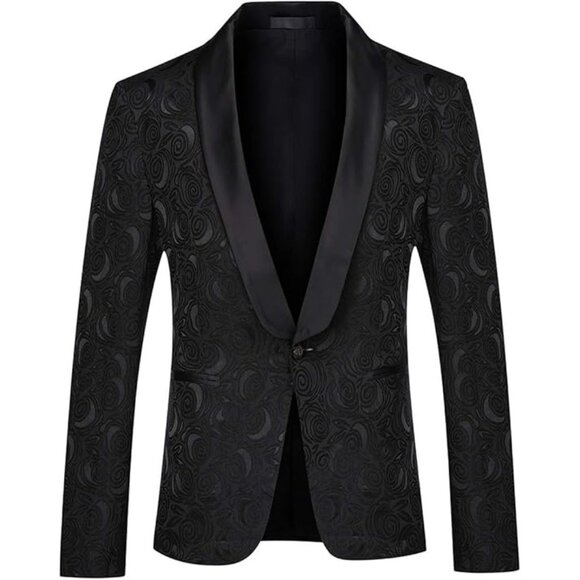 NWOT Yffushi Mens Black Paisley Pattern Dinner Jacket Blazer Velvet Collar Sz S - Picture 1 of 7